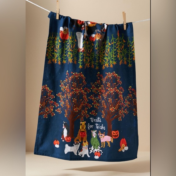Anthropologie Halloween Lick or Treat Dog Cat Multi Color Cotton Dish Towel New - Picture 1 of 6